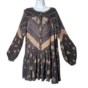Free People Dark Floral Print Long Sleeve Tiered Mini Dress XS‎